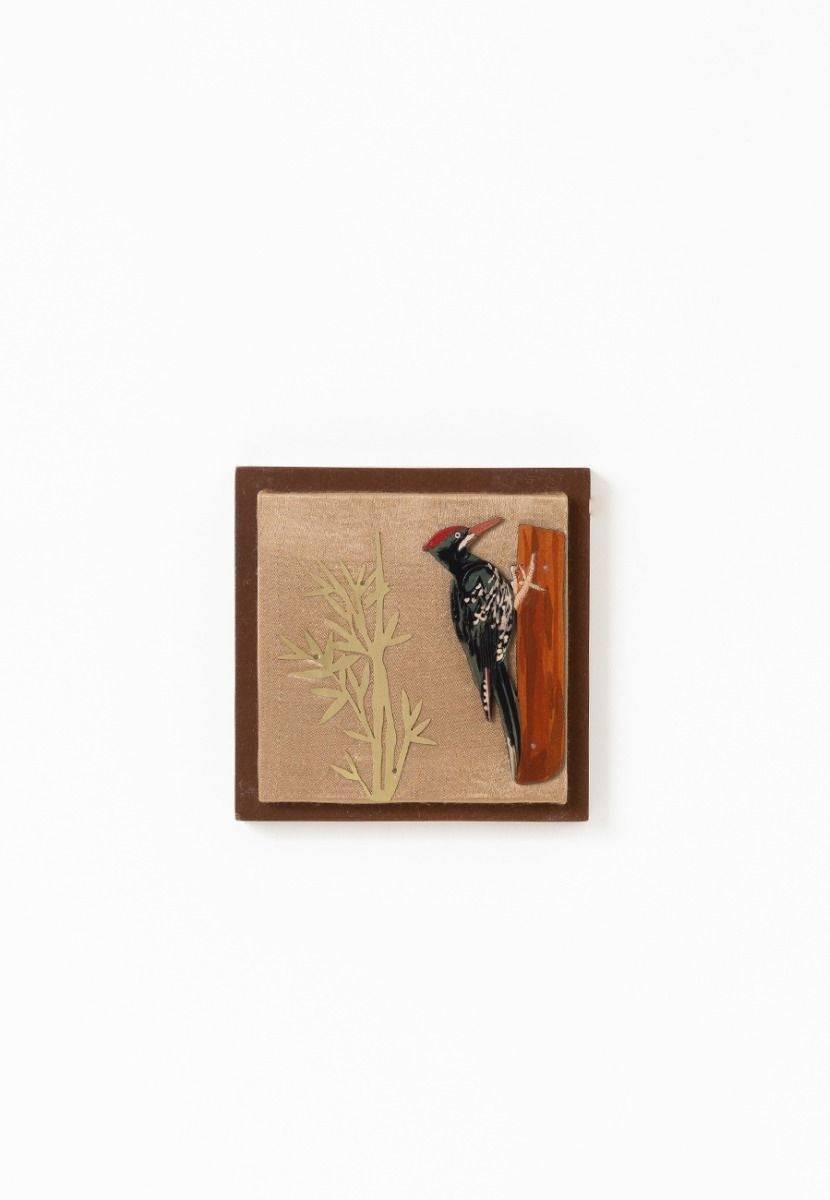 Mashru Wall Frame with Hand-Painted Woodpecker - Brass Cutout