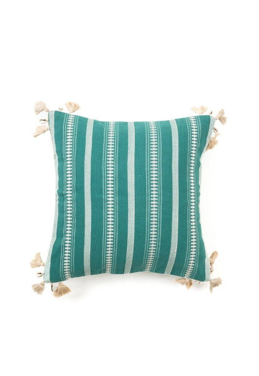 Green Hand-Woven Cotton Cushion Cover with Bhujodi Weave