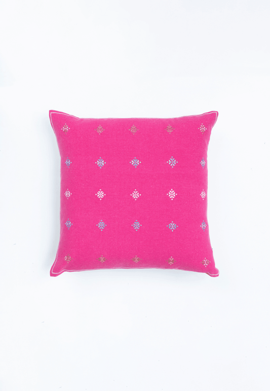 Pink Handwoven Cotton Cushion Cover with Soof Embroidery