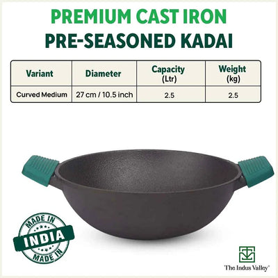 CASTrong Cast Iron Kadai, Pre-seasoned, Nonstick, 100% Pure, Toxin-free, 27cm, 2.5L, 2.5kg
