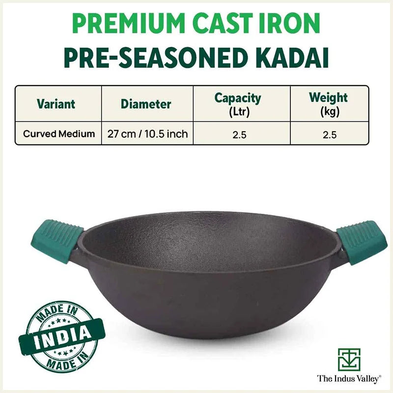 CASTrong Cast Iron Kadai, Pre-seasoned, Nonstick, 100% Pure, Toxin-free, 27cm, 2.5L, 2.5kg