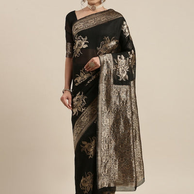 Black Floral Linen Blend Banarasi Saree