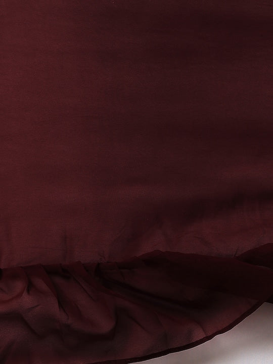 Burgundy Solid Poly Georgette Ruffled Saree
