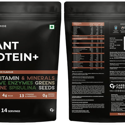Carbamide Forte Plant Protein Powder - Plant Based Protein Powder with Multivitamin, Minerals, Superfoods, Pea Protein, Digestive Enzymes | Plant Protein Powder - Belgian Chocolate Flavour - 500g