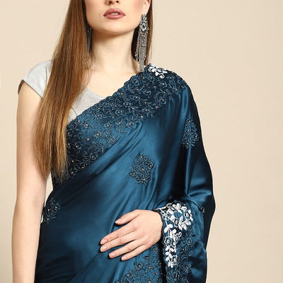 Blue Floral Embroidered Satin Saree