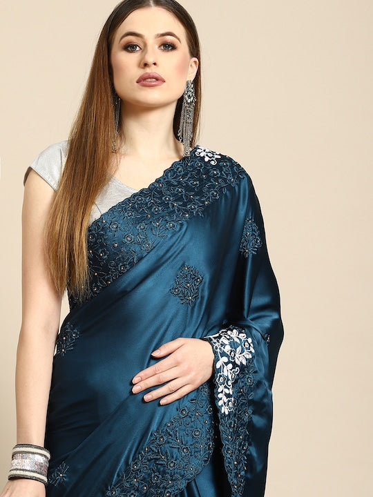 Blue Floral Embroidered Satin Saree