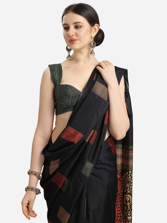 Black & Green Ethnic Motifs Fusion Saree
