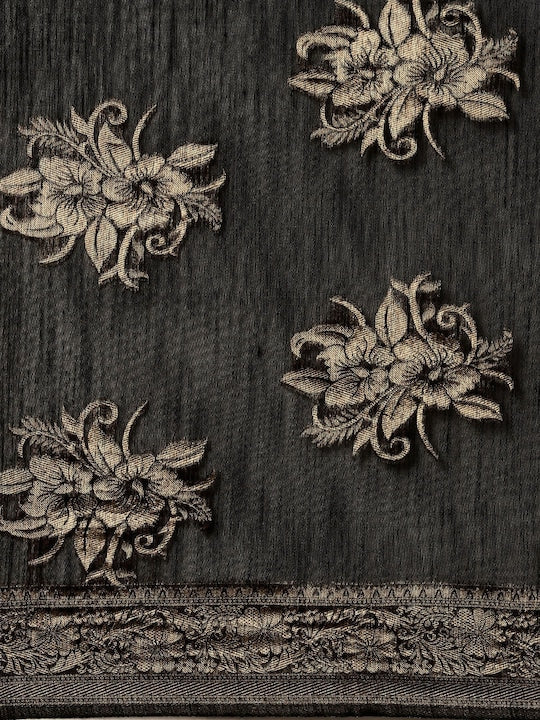 Black Floral Linen Blend Banarasi Saree