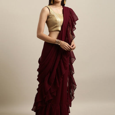 Burgundy Solid Poly Georgette Ruffled Saree