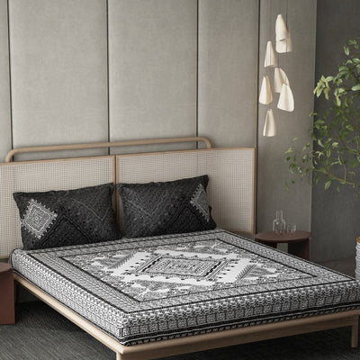 DDecor Live Beautiful Black & White 140 TC Cotton King Bedsheet & 2 Pillow Covers