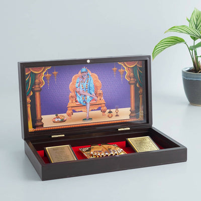 Golden Peacock Brown & Blue 24 CT Gold Foil Wooden Sri Sai Baba Pooja Box