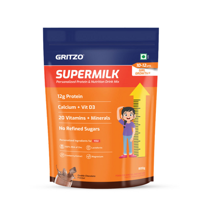 Gritzo SuperMilk Height+ Health Drink for 10-12y Girls - Double Chocolate Flavor