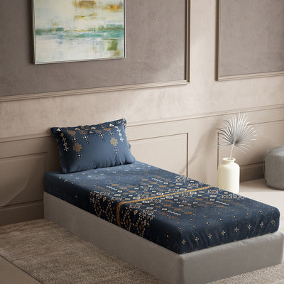DDecor Blue & Brown Ethnic Motifs Cotton 150 TC Single Bedsheet with 1 Pillow Cover