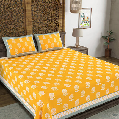 BLOCKS OF INDIA Yellow Ethnic Motifs Cotton 210 TC Super King Bedsheet & 2 Pillow Covers