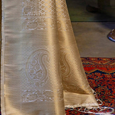 Cream-Coloured & Gold-Toned Ethnic Motifs Zari Silk Blend Kanjeevaram Saree