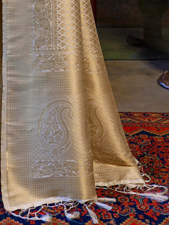 Cream-Coloured & Gold-Toned Ethnic Motifs Zari Silk Blend Kanjeevaram Saree