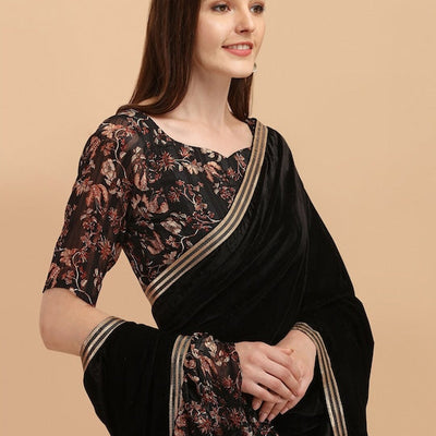 Black Floral Gotta Patti Velvet Saree