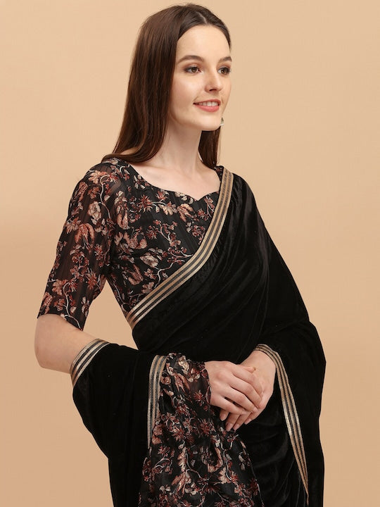 Black Floral Gotta Patti Velvet Saree