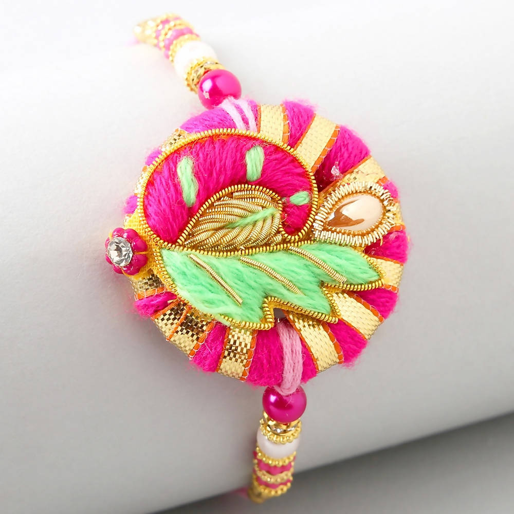 Bright Peacock Zardosi Rakhi & Fruit N Nut Chocolates