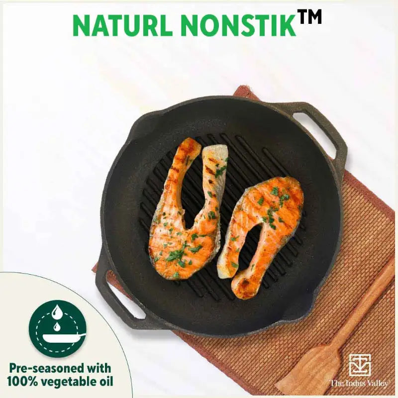 CASTrong Cast Iron Grill Pan, Round,Pre-seasoned, 100% Pure, Toxin-free, Induction, 27cm, 2.1kg