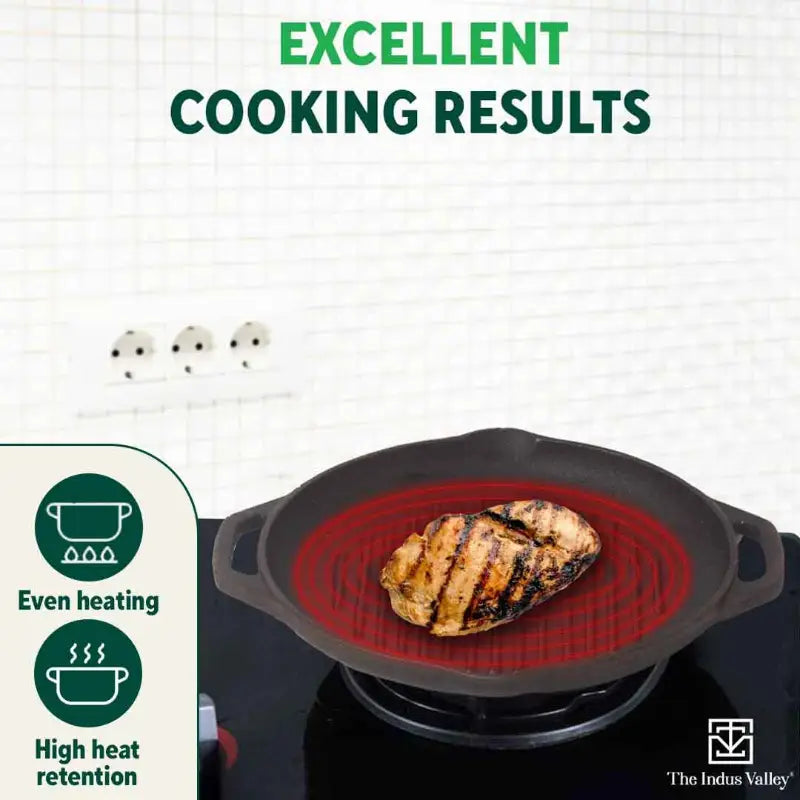 CASTrong Cast Iron Grill Pan, Round,Pre-seasoned, 100% Pure, Toxin-free, Induction, 27cm, 2.1kg