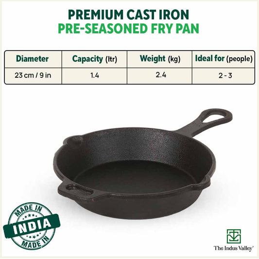 CASTrong Cast Iron Fry Pan/Skillet,Pre-seasoned, Nonstick, 100% Pure, Toxin-free, Induction, 23cm, 1.4L, 2.4kg