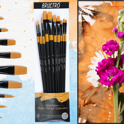 BRUSTRO Artists Gold Taklon Brushes Set of 10| Ideal for Acrylics, Oil paintings, Watercolour | long handle, Bright, Filbert, Flat, Round, Professional Art, School, Office Use.