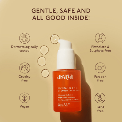 Asaya 15% Vitamin C + E Serum For Face With Ferulic Acid Brightening Serum & Skin Collagen Booster