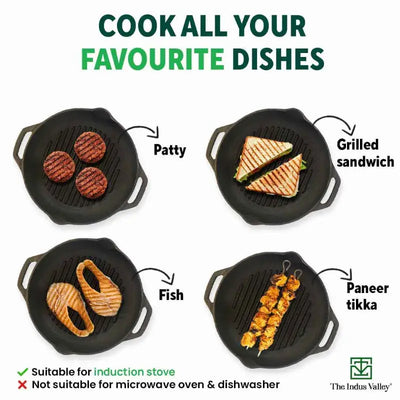 CASTrong Cast Iron Grill Pan, Round,Pre-seasoned, 100% Pure, Toxin-free, Induction, 27cm, 2.1kg