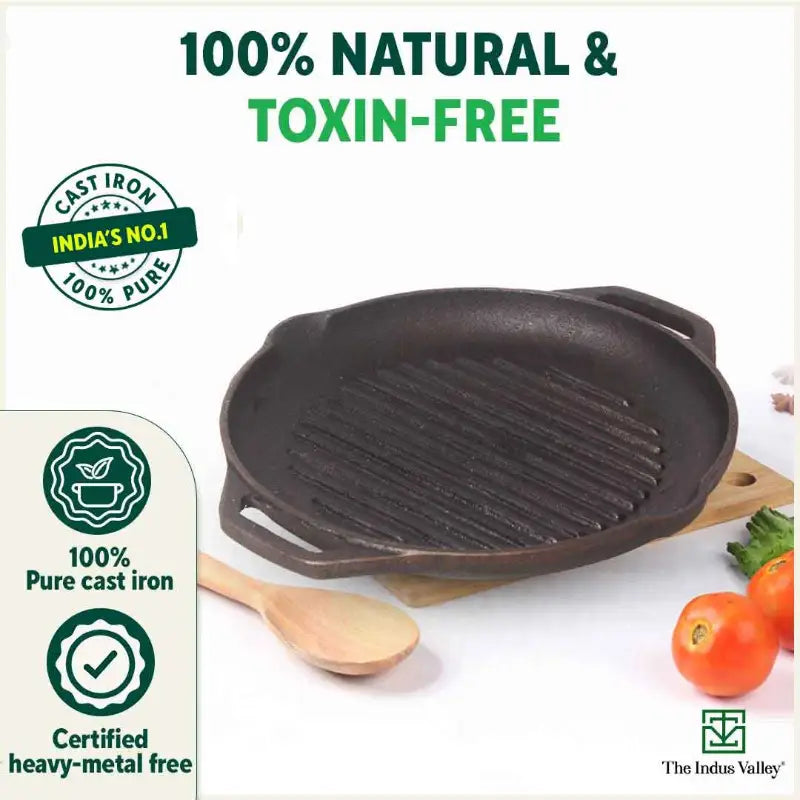 CASTrong Cast Iron Grill Pan, Round,Pre-seasoned, 100% Pure, Toxin-free, Induction, 27cm, 2.1kg