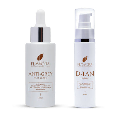 Flawora Anti-Grey Hair Serum For Reversing Grey Hair & D-Tan Lotion For Pigmentation Tan Removal 