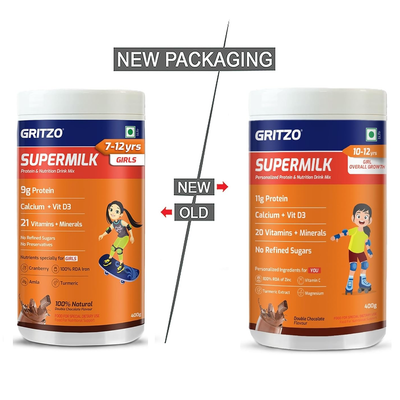 Gritzo SuperMilk Overall Growth (7-12y Girls), Zero Refined Sugar, 21 Vitamins & Minerals
