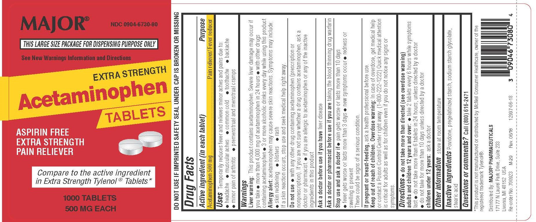 Acetaminophen Pain Reliever Extra Strength Tablets 500mg, 1000 count bottle