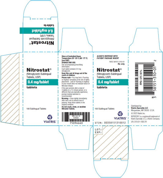 Nitrostat Sublingual Tablets 0.4 mg Nitroglycerin Tablets, 25/bottle (Rx)