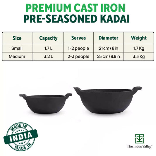 CASTrong Cast Iron Kadai, Pre-seasoned, Nonstick, 100% Pure, Toxin-free, Induction, 21/25cm, 1.7L/3.1L, 1.7kg/3.3kg