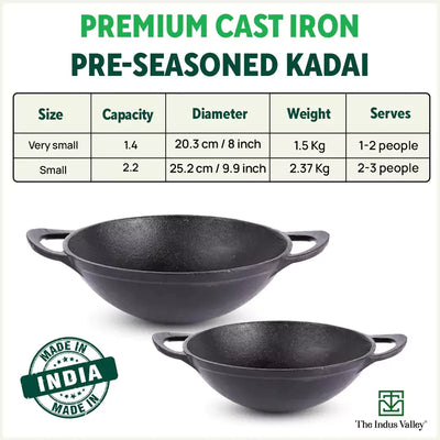 CASTrong Cast Iron Kadai, Pre-seasoned, Nonstick, 100% Pure, Toxin-free, 20.3cm, 1.4L, 1.5kg