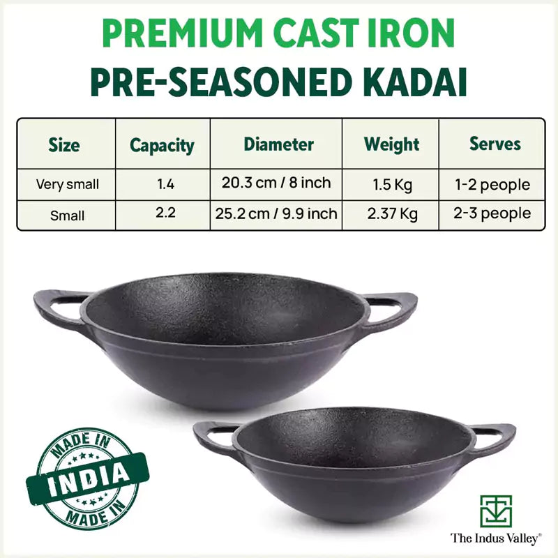 CASTrong Cast Iron Kadai, Pre-seasoned, Nonstick, 100% Pure, Toxin-free, 20.3cm, 1.4L, 1.5kg