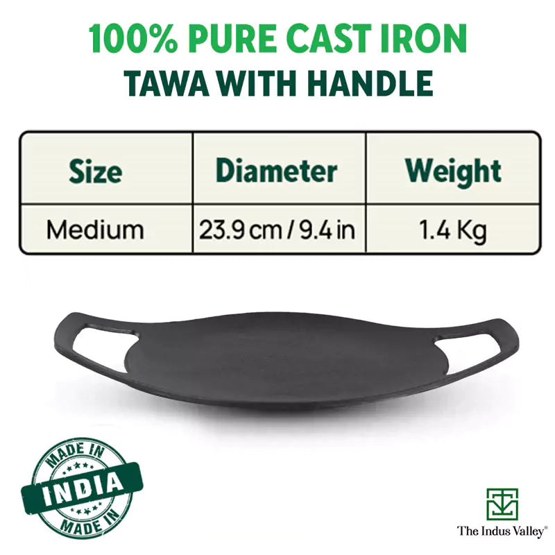 CASTrong Cast Iron Tawa,Pre-seasoned, Nonstick, 100% Pure, Toxin-free, Induction, 23.8cm, 1.4kg