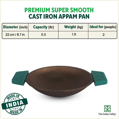 CASTrong Super Smooth Cast Iron Appam Pan/Appachetty, Silicon Handle,Pre-seasoned, Nonstick, 100% Pure, Toxin-free, 22cm, 1.9kg