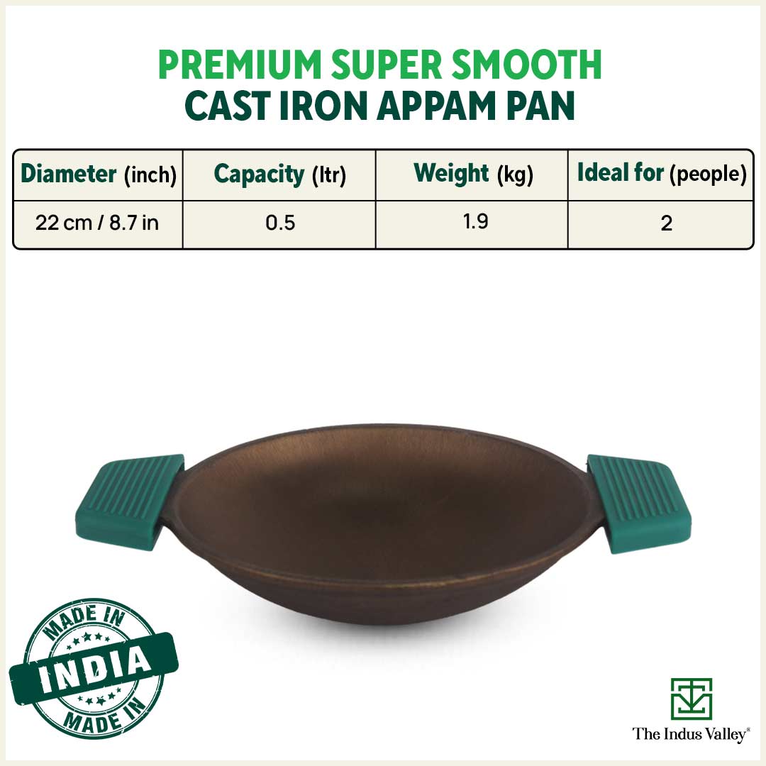 CASTrong Super Smooth Cast Iron Appam Pan/Appachetty, Silicon Handle,Pre-seasoned, Nonstick, 100% Pure, Toxin-free, 22cm, 1.9kg
