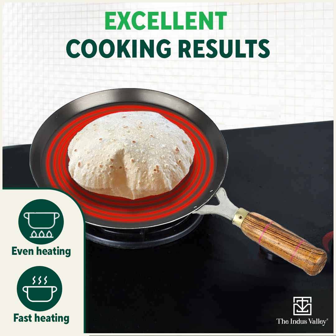 100% Pure Sheet Iron Tawa, Wooden Handle, Seasoned, Toxin-free, Induction, 26cm, 1kg
