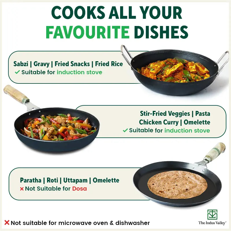 100% Pure Iron Cookware Set: Kadai+ Tawa+ Fry Pan, Toxin-free Sheet Iron, Pre-seasoned, Induction & Gas, Kitchen Set for Home, Free ₹400 Tadka Pan