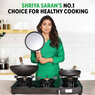 100% Pure Sheet Iron Tadka Pan with Wooden/Silicone Handle, Seasoned, Toxin-free, 0.8/0.43ml