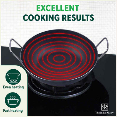 100% Pure Sheet Iron Kadai, Seasoned, Toxin-free, 1.4/2.7/4.4L, 0.6/0.9/1.4kg