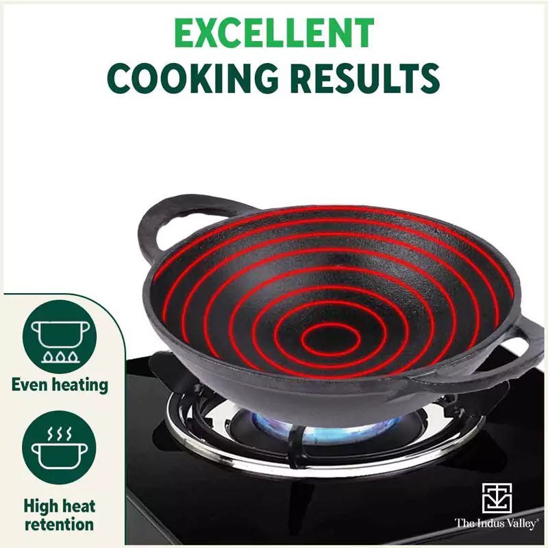 CASTrong Cast Iron Kadai, Pre-seasoned, Nonstick, 100% Pure, Toxin-free, 20.3cm, 1.4L, 1.5kg