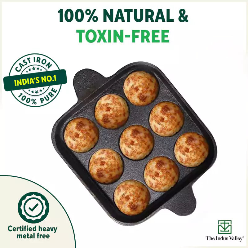 9 Pit/Cup CASTrong Cast Iron Paniyaram/Appe Pan+ Free Spatula, Pre-seasoned, Natural Nonstick, 100% Pure, Toxin-free, 24 cm, 1.34 kg
