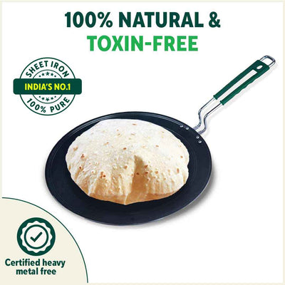 100% Pure Sheet Iron Tawa, Concave, Toxin-free, Seasoned, Silicone Handle,25.5cm/30.5cm