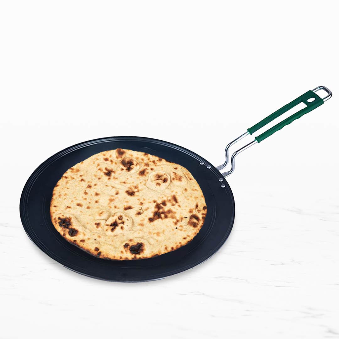 100% Pure Sheet Iron Tawa, Concave, Toxin-free, Seasoned, Silicone Handle,25.5cm/30.5cm