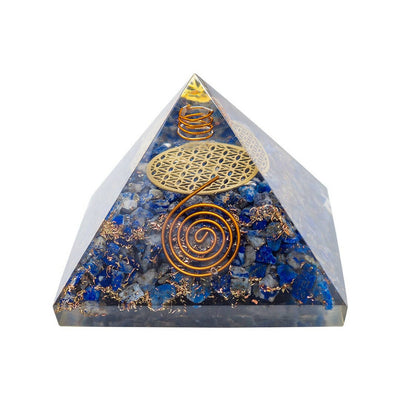 Golden Peacock Blue & Gold-Toned Lapis Lazuli Orgone Stone Pyramid Prism Paperweight