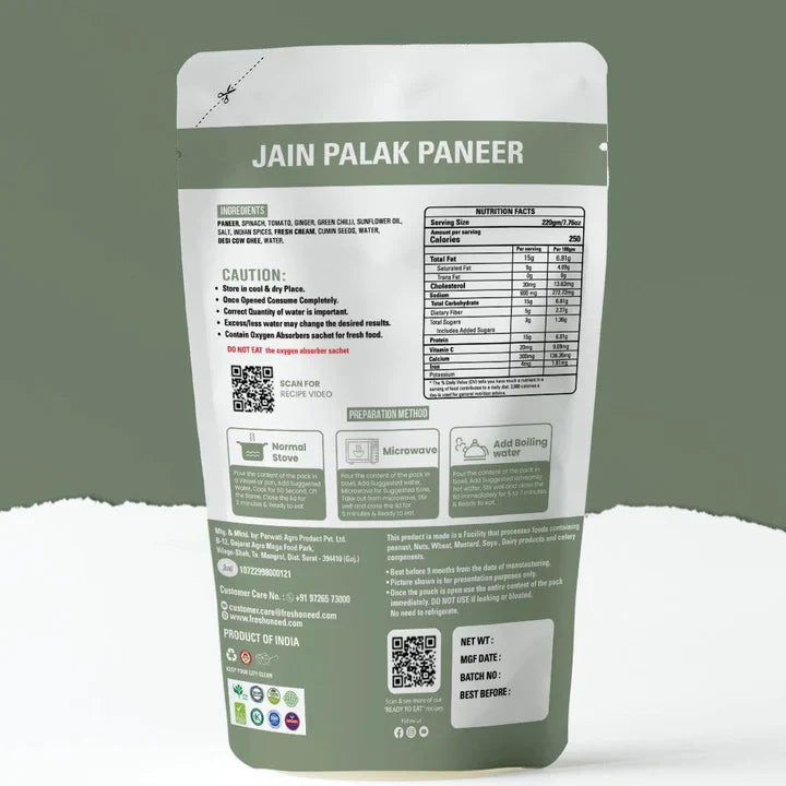 Fresh O Need Palak Paneer ( Without Onion & Garlic ) - Ready To Eat 220 Gms